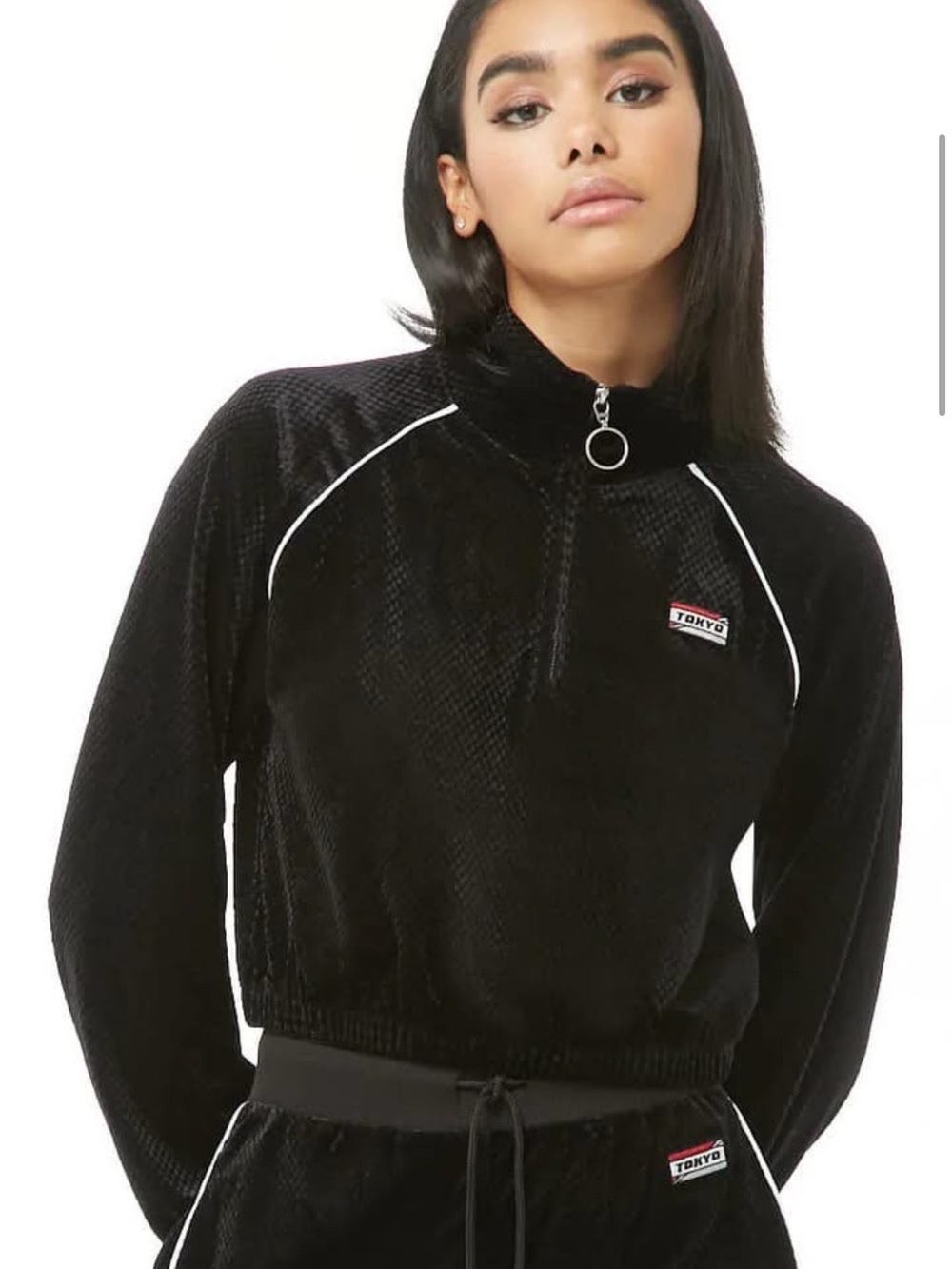 Forever 21 Black Velvet Half-Zip Pullover Top